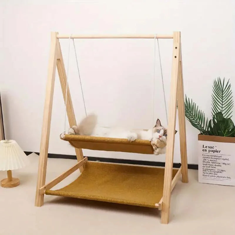 Cozy Dual-Level Wooden Cat Swing