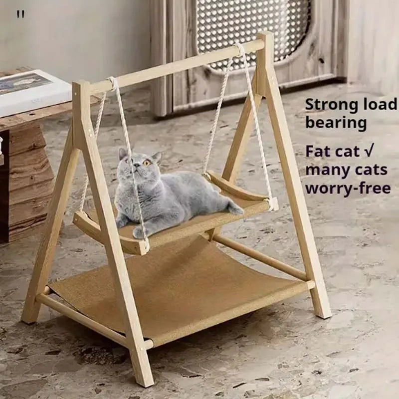 Cozy Dual-Level Wooden Cat Swing
