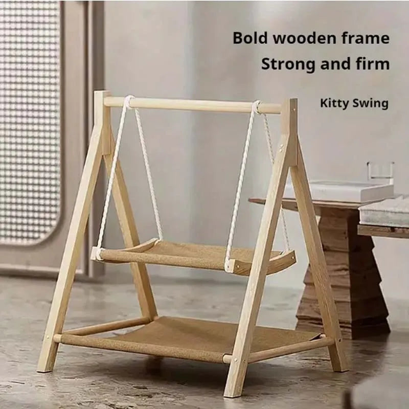 Cozy Dual-Level Wooden Cat Swing