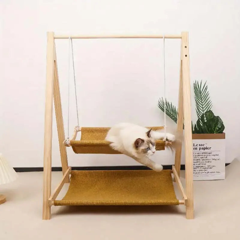 Cozy Dual-Level Wooden Cat Swing