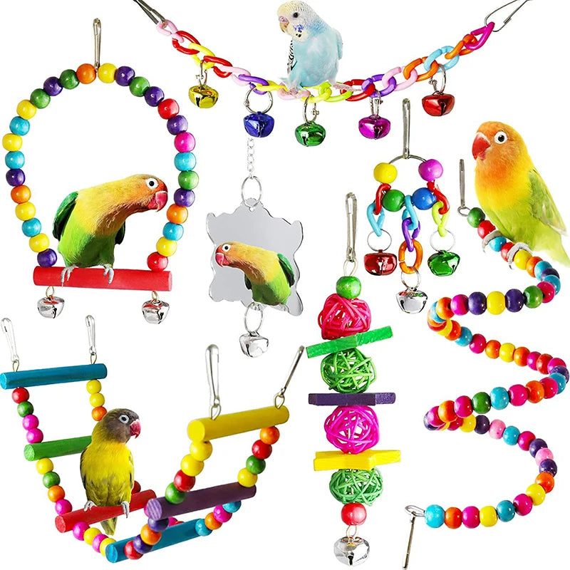 7pcs Pack Wood Parrot Toys