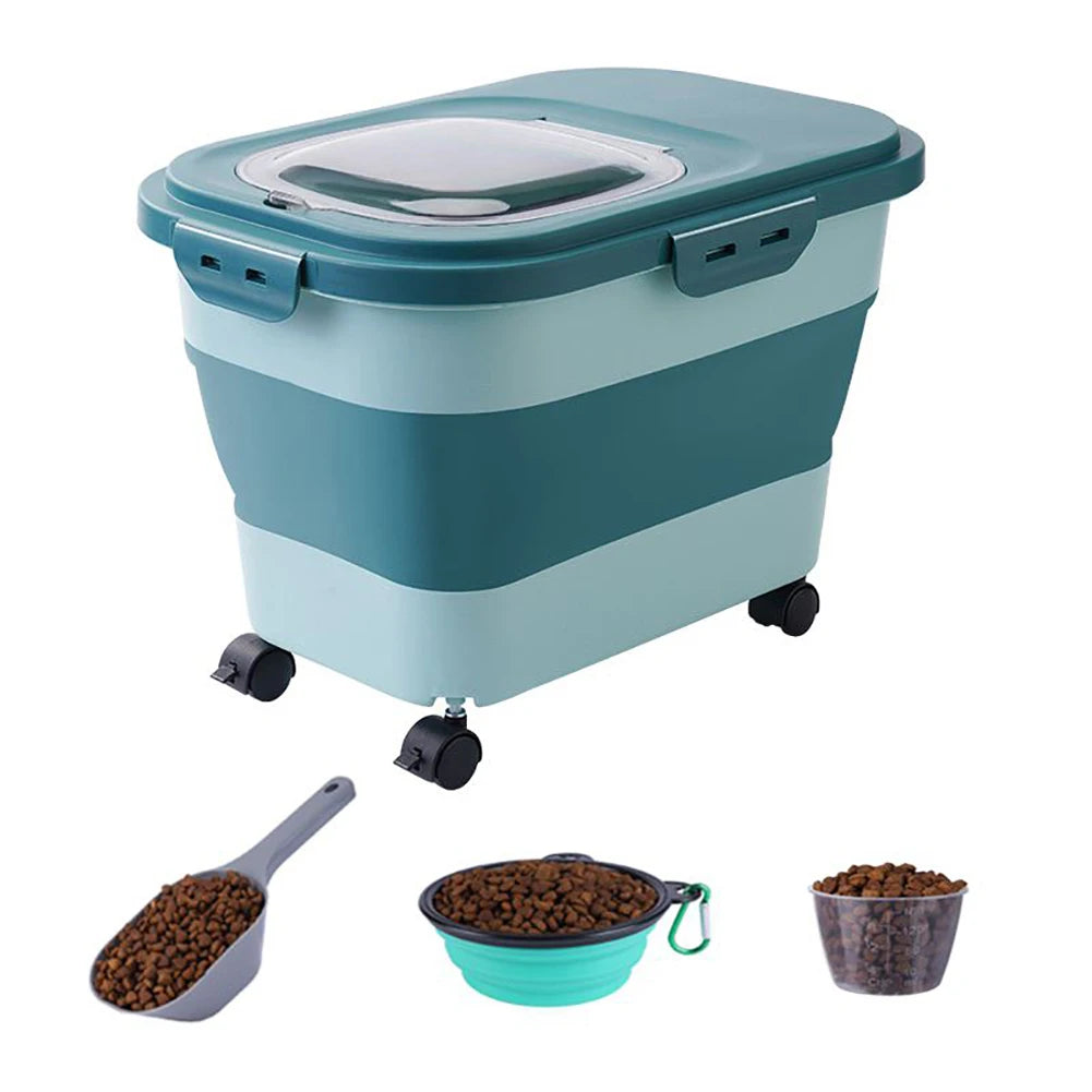 Foldable Cat Food Bucket On Wheels Multifunctional Pet Food Moisture Proof Box Dog Snack Container With Clear Lid Pet Supplies