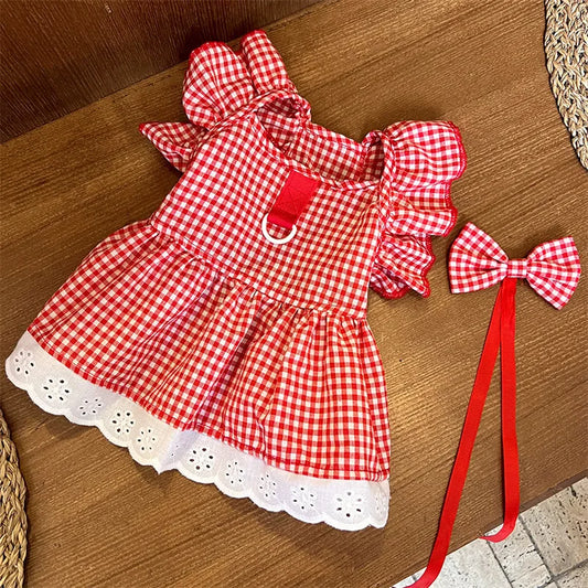 Dress for Dog Luxury Pet Vest Cotton Plaid Puppy Skirt Girls Dog Costume Chihuahua Clothing Bichon Dog Clothes with Bow Headwear