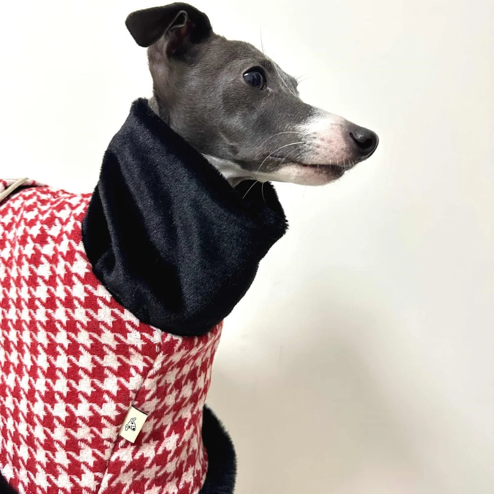 Elegant Adjustable Waistband Red Houndstooth Winter Cotton Coat