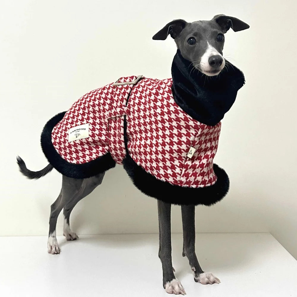 Elegant Adjustable Waistband Red Houndstooth Winter Cotton Coat