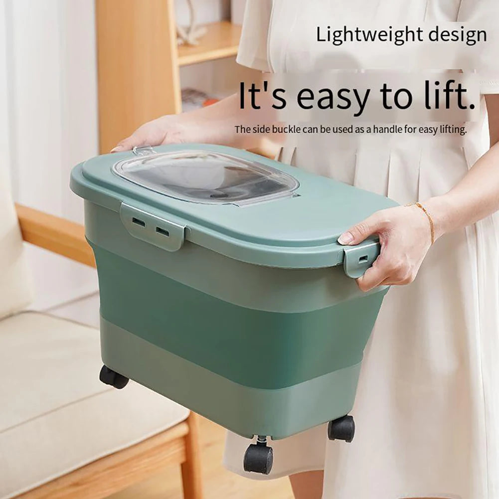Foldable Cat Food Bucket On Wheels Multifunctional Pet Food Moisture Proof Box Dog Snack Container With Clear Lid Pet Supplies