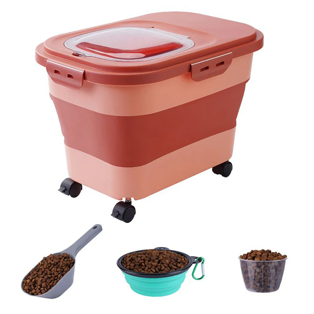 Foldable Cat Food Bucket On Wheels Multifunctional Pet Food Moisture Proof Box Dog Snack Container With Clear Lid Pet Supplies