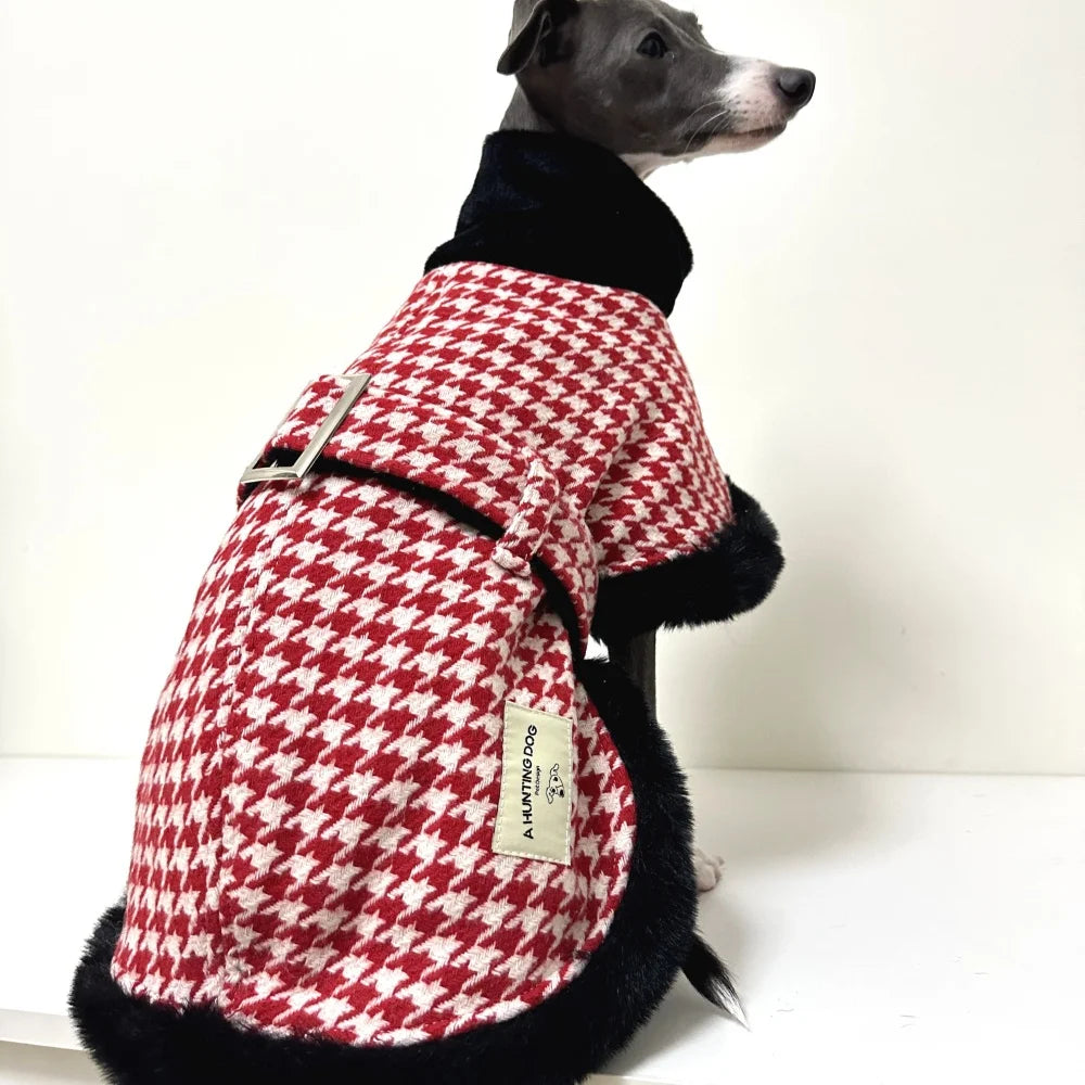 Elegant Adjustable Waistband Red Houndstooth Winter Cotton Coat