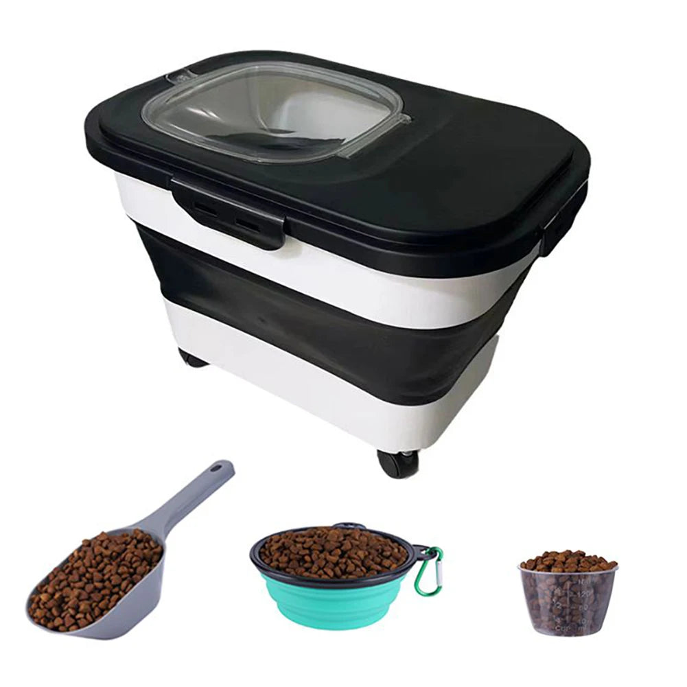 Foldable Cat Food Bucket On Wheels Multifunctional Pet Food Moisture Proof Box Dog Snack Container With Clear Lid Pet Supplies