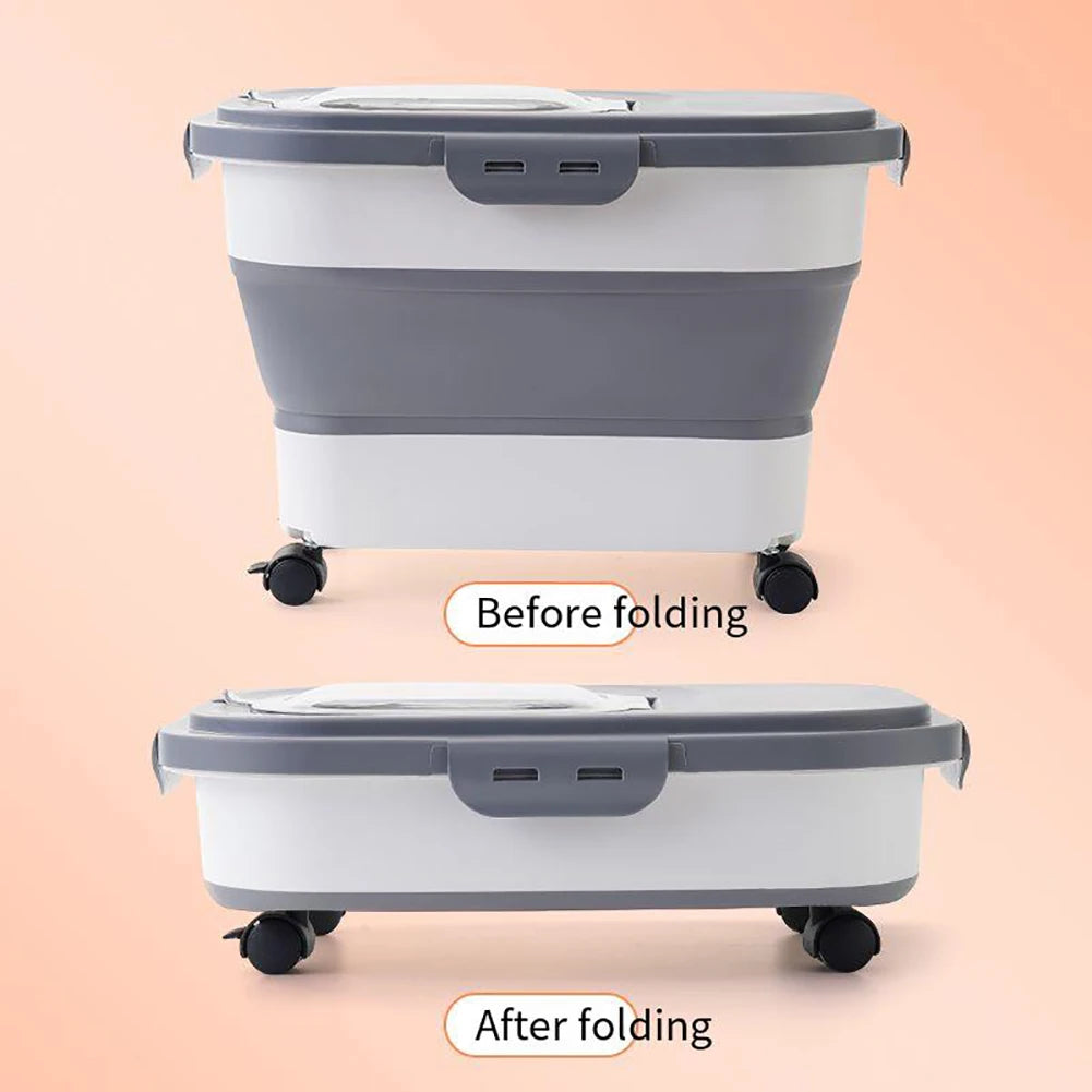 Foldable Cat Food Bucket On Wheels Multifunctional Pet Food Moisture Proof Box Dog Snack Container With Clear Lid Pet Supplies