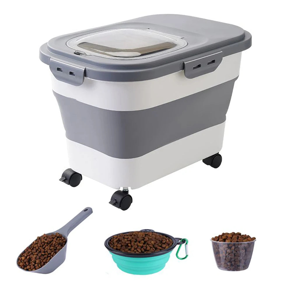 Foldable Cat Food Bucket On Wheels Multifunctional Pet Food Moisture Proof Box Dog Snack Container With Clear Lid Pet Supplies