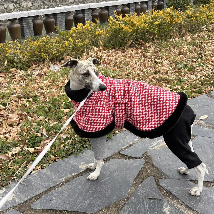 Elegant Adjustable Waistband Red Houndstooth Winter Cotton Coat