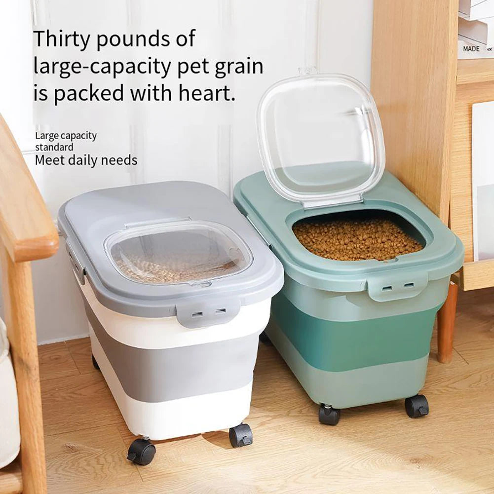 Foldable Cat Food Bucket On Wheels Multifunctional Pet Food Moisture Proof Box Dog Snack Container With Clear Lid Pet Supplies