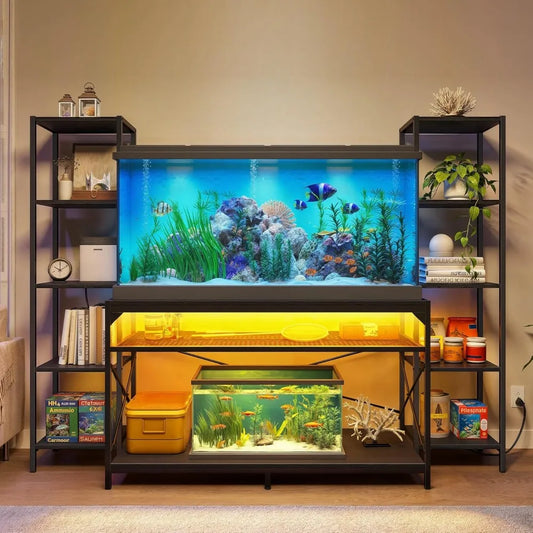 55-75 Gallon Aquarium Stand with Power Outlets & LED Light,Display Stand for Turtle Tank,Reptile Terrarium,Metal Fish Tank Stand